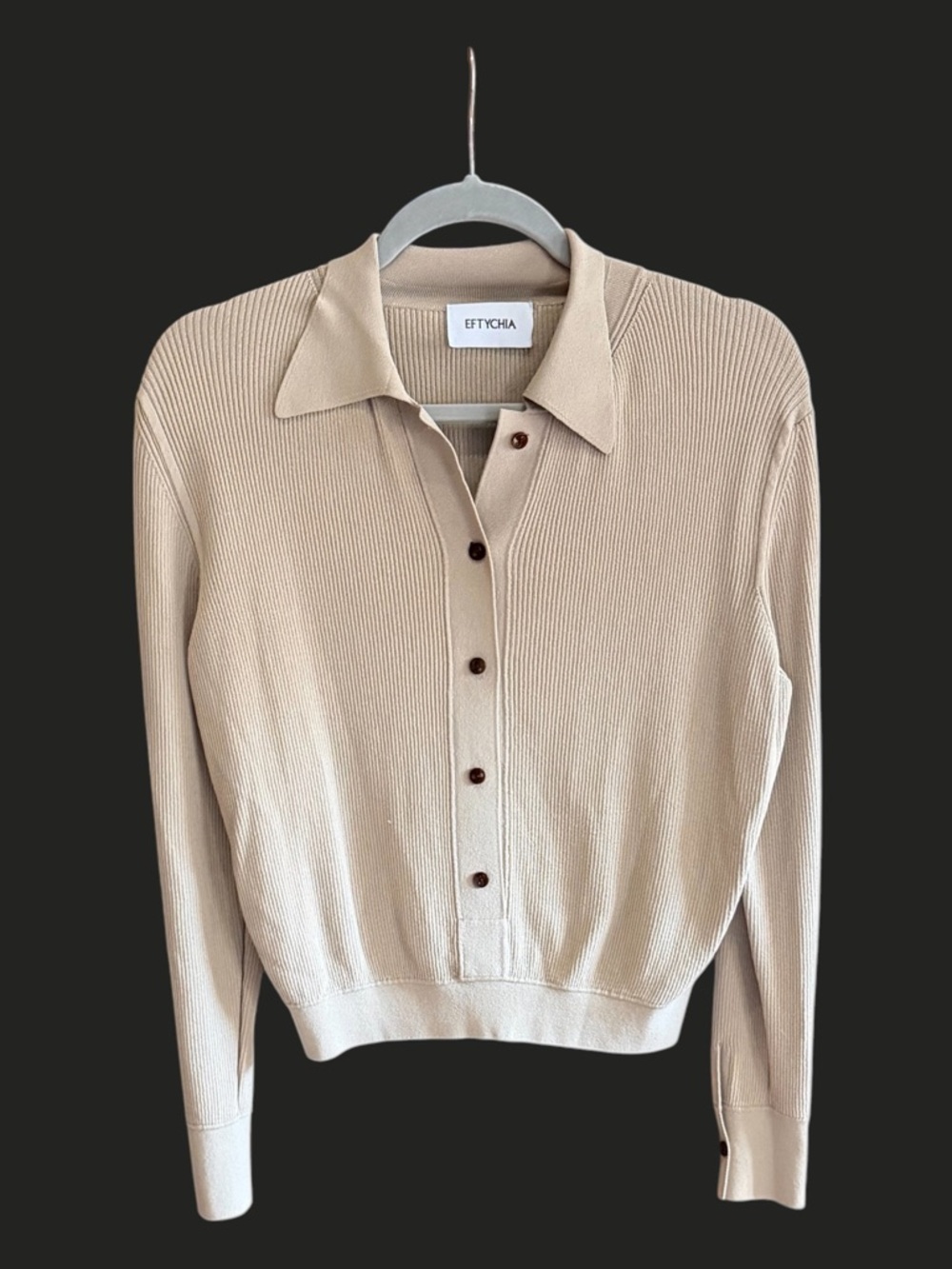 EFTYCHIA Beige Rib Deep Polo Cardigan Sand Sweater Minimalist S